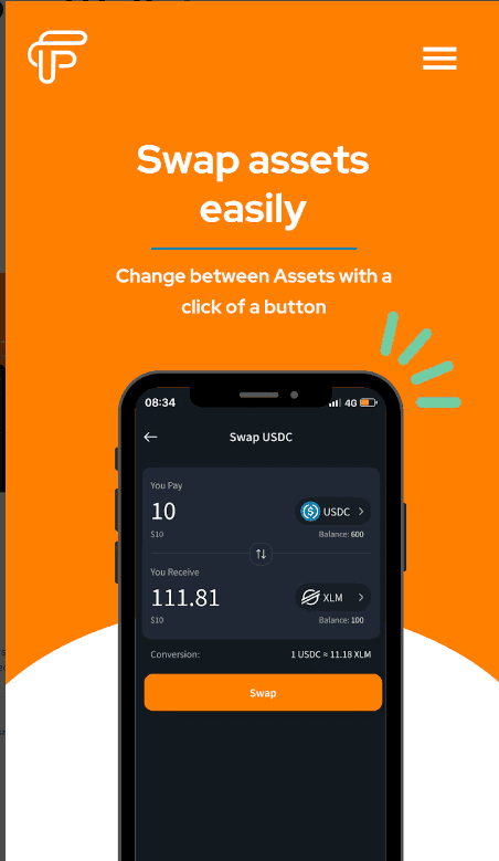 Wallet swap screen converting USDC to XLM