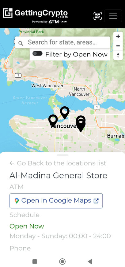 Map of cash pickup and ATM locations in Vancouver