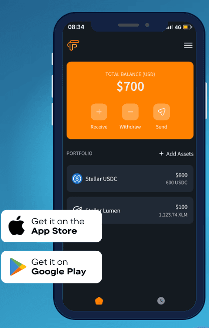 Wallet home screen showing a 700 USD balance with App Store and Google Play badges