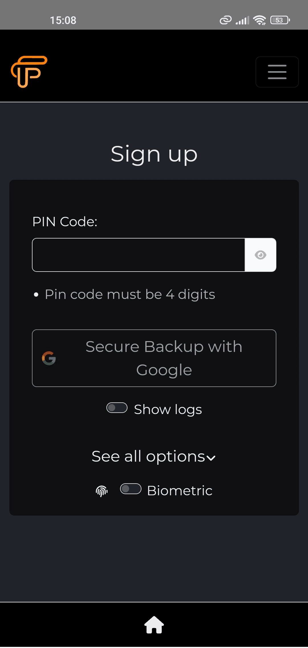 Wallet sign-up screen with PIN code and secure backup with Google