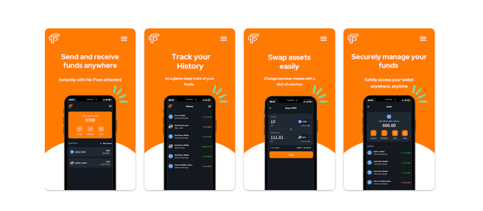 Four wallet app screens: send and receive, track history, swap assets, manage funds